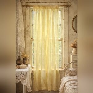 Vintage 1970s Yellow Sheer Curtain Panel | Retro Window Drapery | Gathered